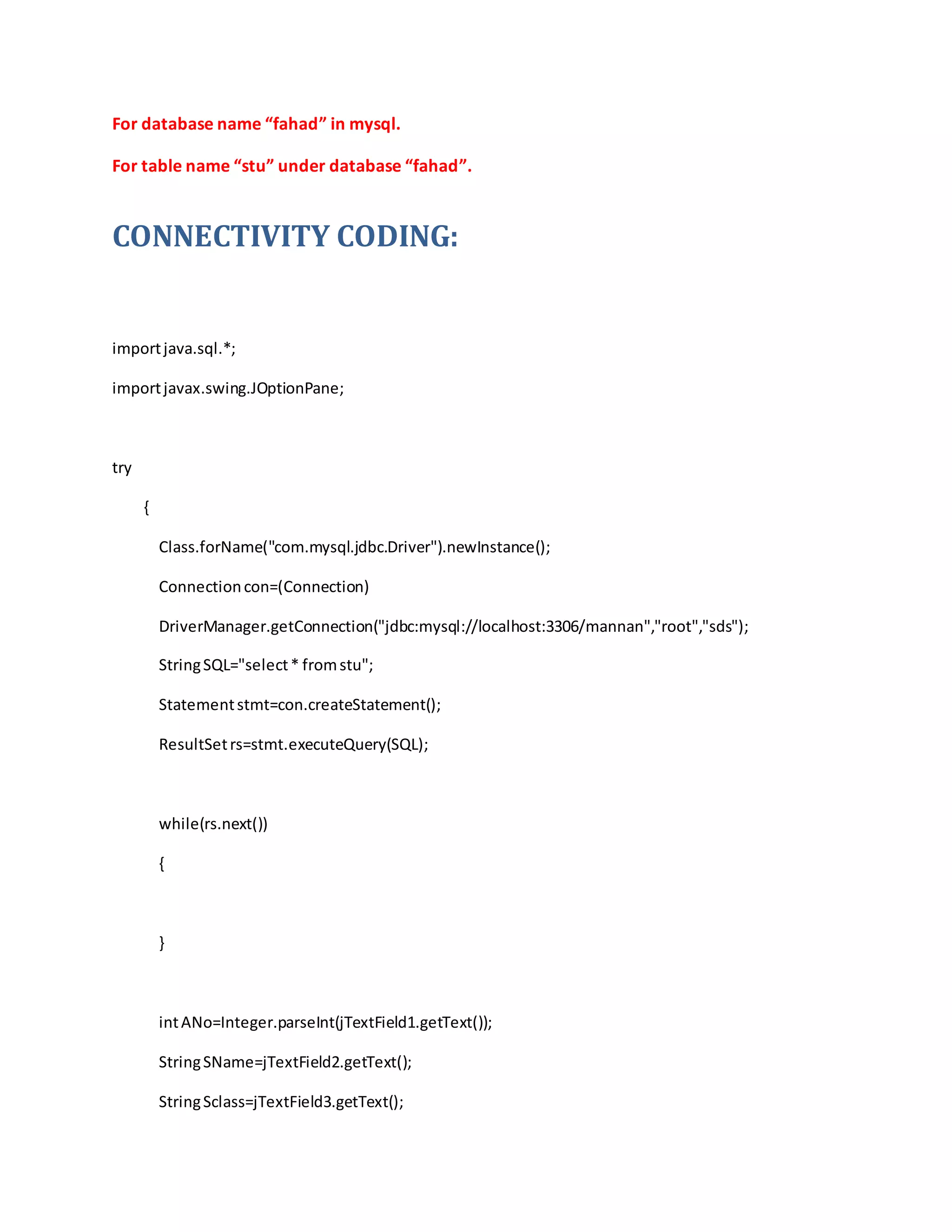 Connectivity coding for java and mysql | PDF