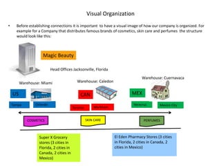 Visual Organization
• Before establishing connections it is important to have a visual image of how our company is organized. For
example for a Company that distributes famous brands of cosmetics, skin care and perfumes the structure
would look like this:
•
Magic Beauty
US CAN MEX
COSMETICS SKIN CARE PERFUMES
Tampa Orlando
Toronto Markham
Mexico CityVeracruz
Warehouse: Miami Warehouse: Caledon
Warehouse: Cuernavaca
Head Offices Jacksonville, Florida
Super X Grocery
stores (3 cities in
Florida, 2 cities in
Canada, 2 cities in
Mexico)
El Eden Pharmacy Stores (3 cities
in Florida, 2 cities in Canada, 2
cities in Mexico)
 