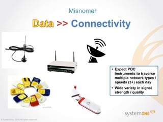 Misnomer
>> Connectivity
© SystemOne, 2016 All rights reserved.
• Expect POC
instruments to traverse
multiple network types /
speeds (3+) each day
• Wide variety in signal
strength / quality
 