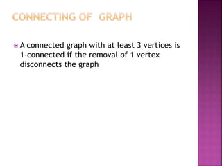  A connected graph with at least 3 vertices is
1-connected if the removal of 1 vertex
disconnects the graph
 