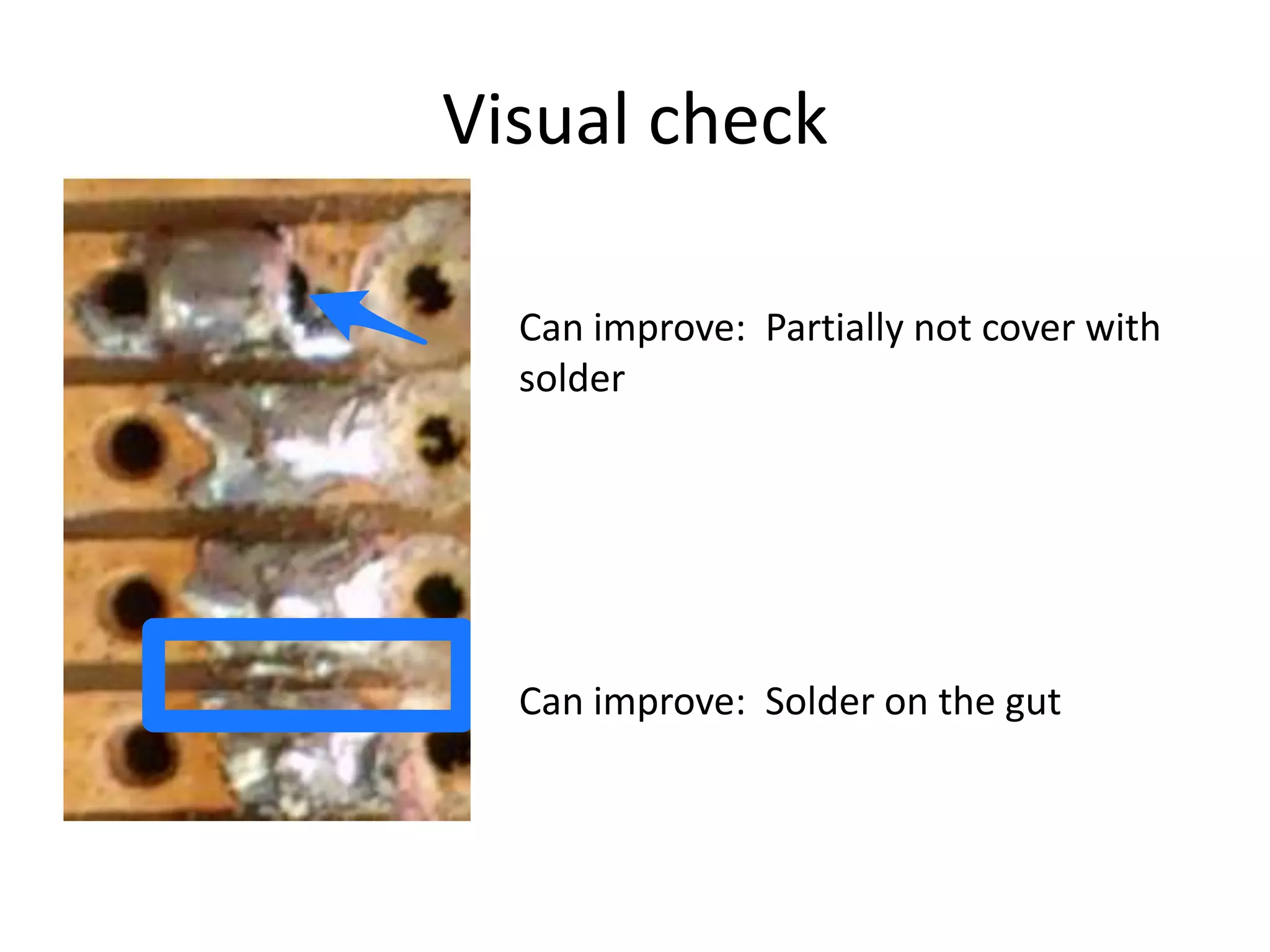 Visual check

  Can improve: Partially not cover with
  solder




  Can improve: Solder on the gut
 