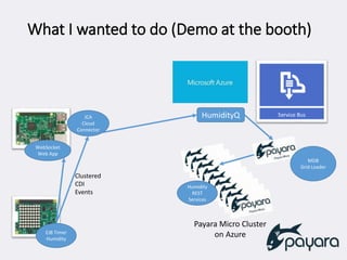 What I wanted to do (Demo at the booth)
Clustered
CDI
Events
HumidityQ
Payara Micro Cluster
on Azure
JCA
Cloud
Connector
WebSocket
Web App
EJB Timer
Humidity
MDB
Grid Loader
Humidity
REST
Services
 