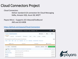 Cloud Connectors Project
Cloud Connectors
Deliver standard JCA connectors for Cloud Messaging
Kafka, Amazon SQS, Azure SB, MQTT
Payara Micro – Supports JCA Inbound/OutBound
JMS and JCA MDB
https://github.com/payara/Cloud-Connectors
 