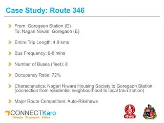 Case Study: Route 346
From: Goregaon Station (E)
To: Nagari Niwari, Goregaon (E)
Entire Trip Length: 4.9 kms
Bus Frequency: 6-8 mins
Number of Buses (fleet): 8
Occupancy Ratio: 72%
Characteristics: Nagari Niwara Housing Society to Goregaon Station
(connection from residential neighbourhood to local train station)
Major Route Competitors: Auto-Rikshaws
 