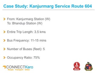 From: Kanjurmarg Station (W)
To: Bhandup Station (W)
Entire Trip Length: 3.5 kms
Bus Frequency: 11-15 mins
Number of Buses (fleet): 5
Occupancy Ratio: 75%
Case Study: Kanjurmarg Service Route 604
 
