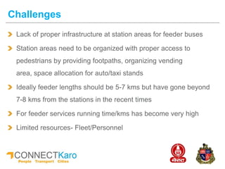 Lack of proper infrastructure at station areas for feeder buses
Station areas need to be organized with proper access to
pedestrians by providing footpaths, organizing vending
area, space allocation for auto/taxi stands
Ideally feeder lengths should be 5-7 kms but have gone beyond
7-8 kms from the stations in the recent times
For feeder services running time/kms has become very high
Limited resources- Fleet/Personnel
Challenges
 