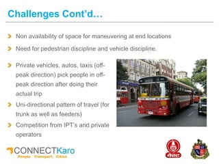 Non availability of space for maneuvering at end locations
Need for pedestrian discipline and vehicle discipline.
Challenges Cont’d…
Private vehicles, autos, taxis (off-
peak direction) pick people in off-
peak direction after doing their
actual trip
Uni-directional pattern of travel (for
trunk as well as feeders)
Competition from IPT’s and private
operators
 