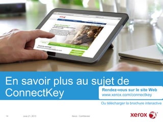 En savoir plus au sujet de
ConnectKey
Ou télécharger la brochure interactive
Xerox - Confidentiel
Rendez-vous sur le site Web
www.xerox.com/connectkey
June 21, 2013 Xerox - Confidentiel14
 