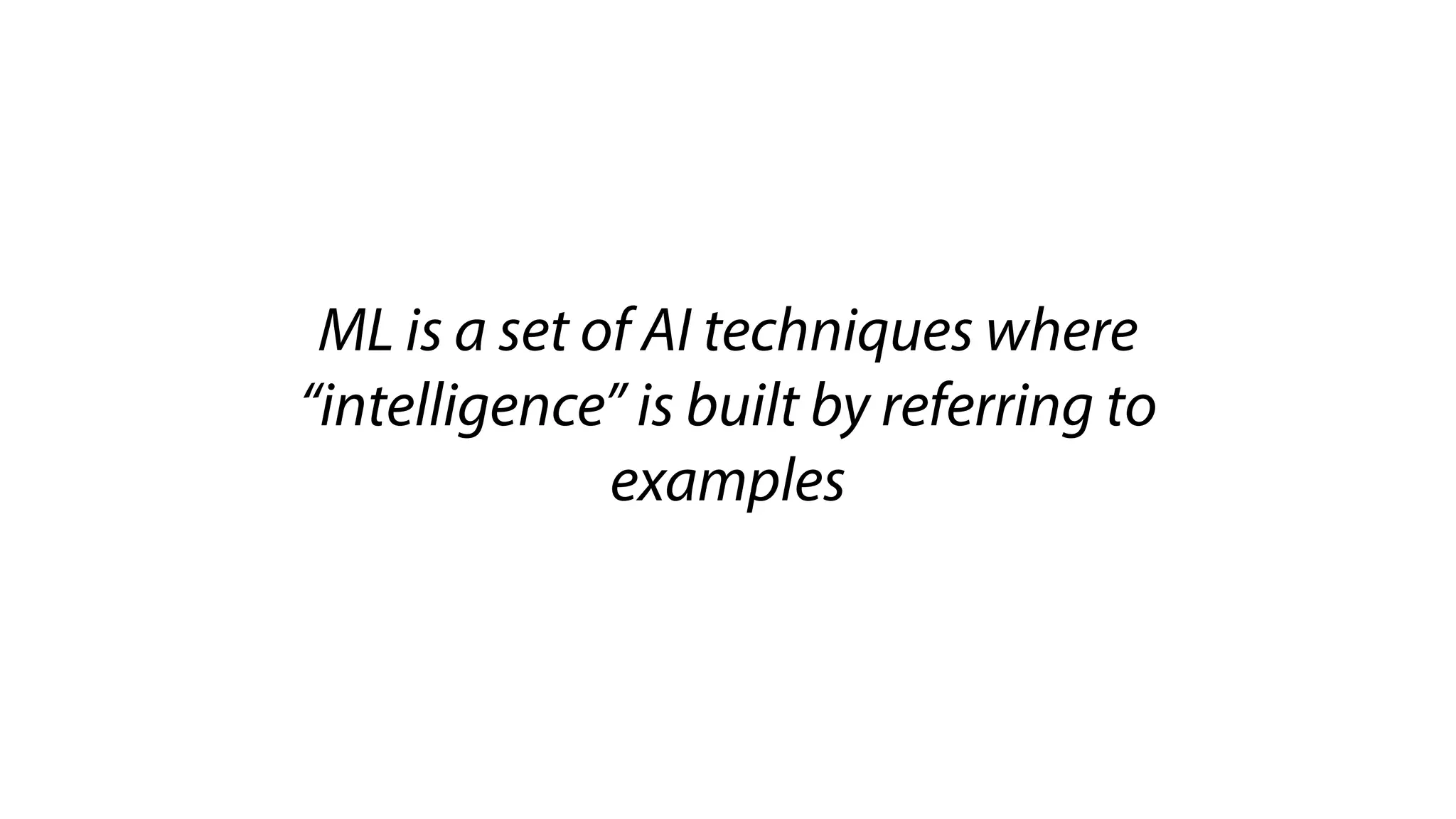 ML is a set of AI techniques where
“intelligence” is built by referring to
examples
 