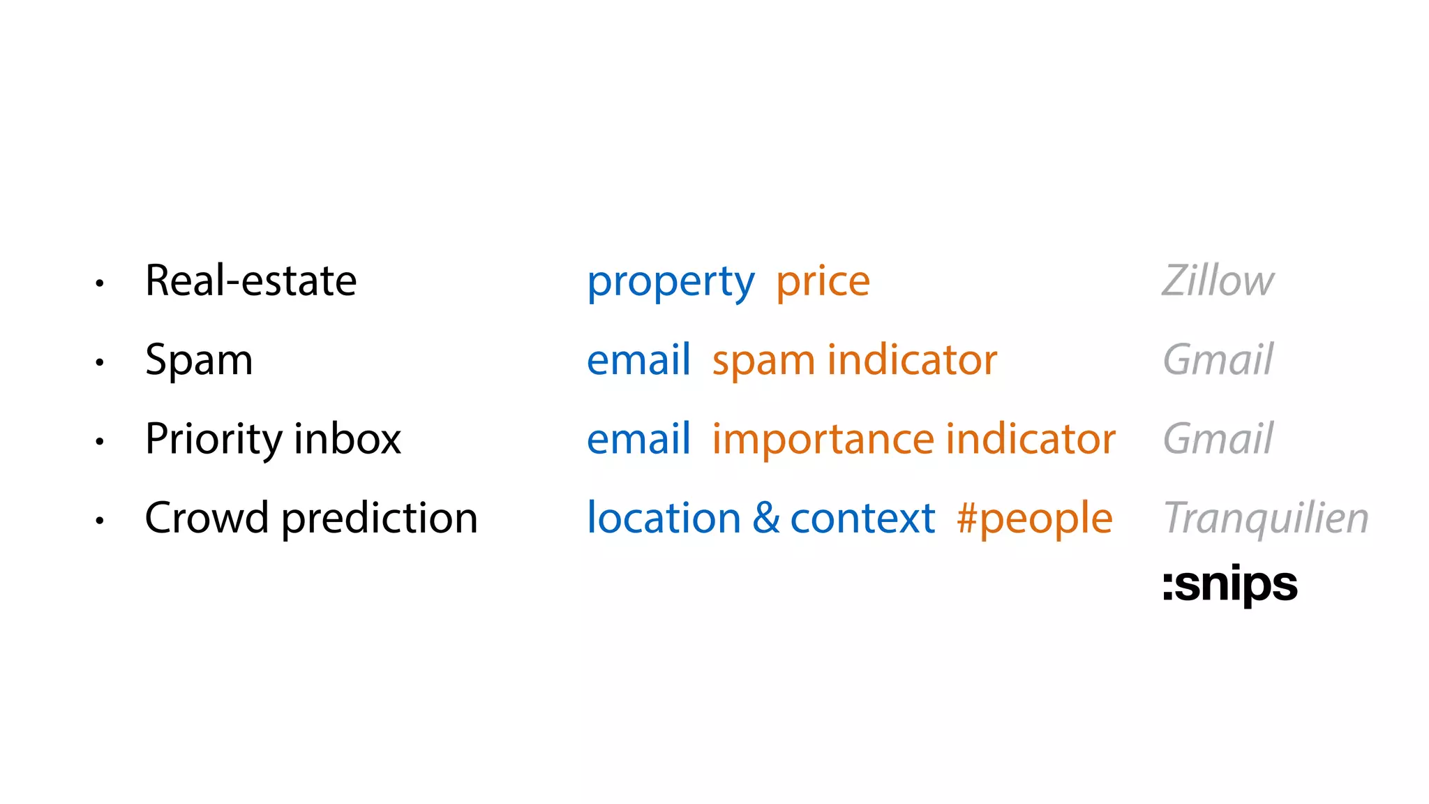 • Real-estate
• Spam
• Priority inbox
• Crowd prediction
property price
email spam indicator
email importance indicator
location & context #people
Zillow
Gmail
Gmail
Tranquilien
 