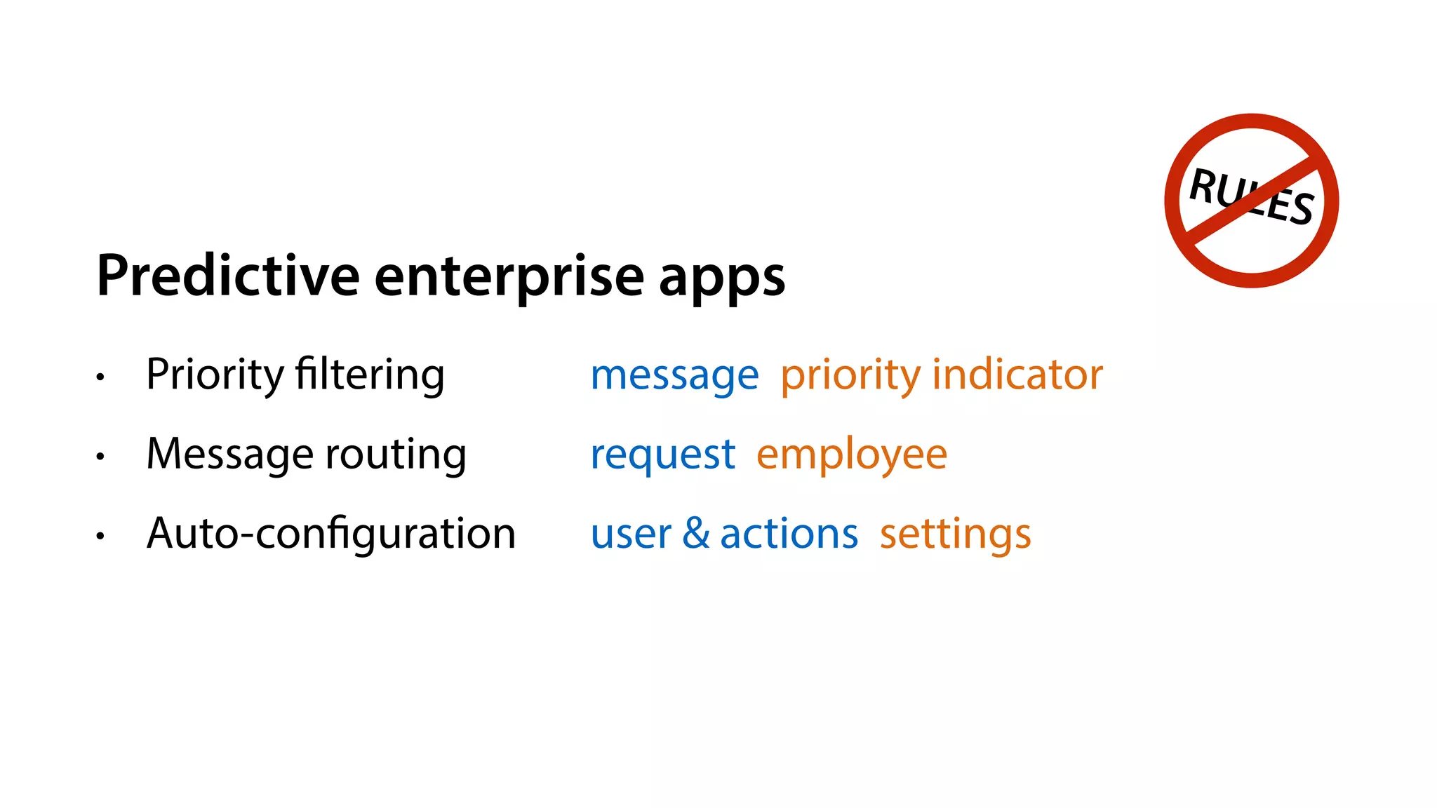 Predictive enterprise apps
• Priority filtering
• Message routing
• Auto-configuration
message priority indicator
request employee
user & actions settings
RULES
 