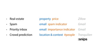 • Real-estate
• Spam
• Priority inbox
• Crowd prediction
property price
email spam indicator
email importance indicator
location & context #people
Zillow
Gmail
Gmail
Tranquilien
 