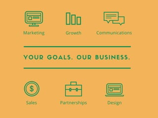 YOUR GOALS. OUR BUSINESS.
Sales Partnerships Design
Marketing Growth Communications
 
