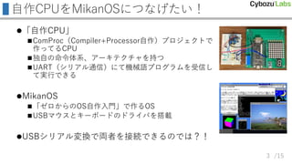 /15
自作CPUをMikanOSにつなげたい！
「自作CPU」
ComProc（Compiler+Processor自作）プロジェクトで
作ってるCPU
独自の命令体系、アーキテクチャを持つ
UART（シリアル通信）にて機械語プログラムを受信し
て実行できる
MikanOS
「ゼロからのOS自作入門」で作るOS
USBマウスとキーボードのドライバを搭載
USBシリアル変換で両者を接続できるのでは？！
3
 