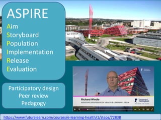 ASPIRE
Aim
Storyboard
Population
Implementation
Release
Evaluation
Participatory design
Peer review
Pedagogy
https://www.futurelearn.com/courses/e-learning-health/1/steps/72838
 