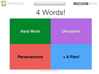 www.conspicuous-cbm.com
4 Words!
Hard Work Discipline
Perseverance + A Plan!
Helping You Love Networking
 