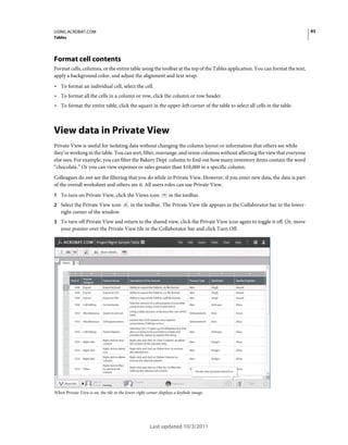 43

USING ACROBAT.COM
Tables

Format cell contents
Format cells, columns, or the entire table using the toolbar at the top of the Tables application. You can format the text,
apply a background color, and adjust the alignment and text wrap.

• To format an individual cell, select the cell.
• To format all the cells in a column or row, click the column or row header.
• To format the entire table, click the square in the upper-left corner of the table to select all cells in the table.

View data in Private View
Private View is useful for isolating data without changing the column layout or information that others see while
they’re working in the table. You can sort, filter, rearrange, and resize columns without affecting the view that everyone
else sees. For example, you can filter the Bakery Dept. column to find out how many inventory items contain the word
“chocolate.” Or you can view expenses or sales greater than $10,000 in a specific column.
Colleagues do not see the filtering that you do while in Private View. However, if you enter new data, the data is part
of the overall worksheet and others see it. All users roles can use Private View.
1 To turn on Private View, click the Views icon
2 Select the Private View icon

in the toolbar.

in the toolbar. The Private View tile appears in the Collaborator bar in the lower-

right corner of the window.
3 To turn off Private View and return to the shared view, click the Private View icon again to toggle it off. Or, move

your pointer over the Private View tile in the Collaborator bar and click Turn Off.

When Private View is on, the tile in the lower-right corner displays a keyhole image.

Last updated 10/3/2011

 