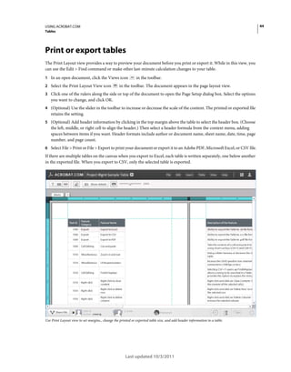 44

USING ACROBAT.COM
Tables

Print or export tables
The Print Layout view provides a way to preview your document before you print or export it. While in this view, you
can use the Edit > Find command or make other last-minute calculation changes to your table.
1 In an open document, click the Views icon
2 Select the Print Layout View icon

in the toolbar.

in the toolbar. The document appears in the page layout view.

3 Click one of the rulers along the side or top of the document to open the Page Setup dialog box. Select the options

you want to change, and click OK.
4 (Optional) Use the slider in the toolbar to increase or decrease the scale of the content. The printed or exported file

retains the setting.
5 (Optional) Add header information by clicking in the top margin above the table to select the header box. (Choose

the left, middle, or right cell to align the header.) Then select a header formula from the context menu, adding
spaces between items if you want. Header formats include author or document name, sheet name, date, time, page
number, and page count.
6 Select File > Print or File > Export to print your document or export it to an Adobe PDF, Microsoft Excel, or CSV file.

If there are multiple tables on the canvas when you export to Excel, each table is written separately, one below another
in the exported file. When you export to CSV, only the selected table is exported.

Use Print Layout view to set margins., change the printed or exported table size, and add header information to a table.

Last updated 10/3/2011

 