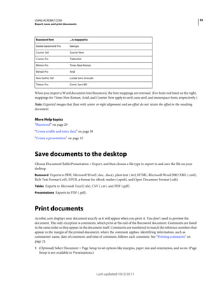55

USING ACROBAT.COM
Export, save, and print documents

Buzzword font

...is mapped to

Adobe Garamond Pro

Georgia

Courier Std

Courier New

Cronos Pro

Trebuchet

Minion Pro

Times New Roman

Myriad Pro

Arial

New Gothic Std

Lucida Sans Unicode

Tekton Pro

Comic Sans MS

When you import a Word document into Buzzword, the font mappings are reversed. (For fonts not listed on the right,
mappings for Times New Roman, Arial, and Courier New apply to serif, sans serif, and monospace fonts, respectively.)
Note: Exported images that float with center or right alignment and an offset do not retain the offset in the resulting
document.

More Help topics
“Buzzword” on page 29
“Create a table and enter data” on page 38
“Create a presentation” on page 45

Save documents to the desktop
Choose Document/Table/Presentation > Export, and then choose a file type to export to and save the file on your
desktop.
Buzzword Exports to PDF, Microsoft Word (.doc, .docx), plain text (.txt), HTML, Microsoft Word 2003 XML (.xml),

Rich Text Format (.rtf), EPUB, a format for eBook readers (.epub), and Open Document Format (.odt).
Tables Exports to Microsoft Excel (.xls), CSV (.csv), and PDF (.pdf).
Presentations Exports to PDF (.pdf).

Print documents
Acrobat.com displays your document exactly as it will appear when you print it. You don’t need to preview the
document. The only exception is comments, which print at the end of the Buzzword document. Comments are listed
in the same order as they appear in the document itself. Comments are numbered to match the reference numbers that
appear in the margin of the printed document, where the comment applies. Identifying information, such as
commenter name, date of comment, and time of comment, follows each comment. See “Printing comments” on
page 21.
1 (Optional) Select Document > Page Setup to set options like margins, paper size and orientation, and so on. (Page

Setup is not available in Presentations.)

Last updated 10/3/2011

 