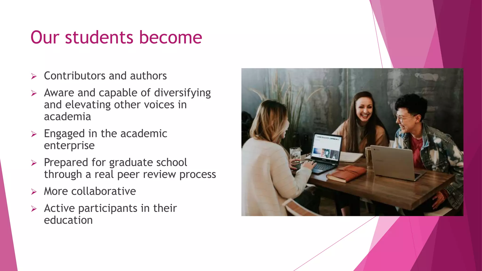 Our students become
 Contributors and authors
 Aware and capable of diversifying
and elevating other voices in
academia
 Engaged in the academic
enterprise
 Prepared for graduate school
through a real peer review process
 More collaborative
 Active participants in their
education
 