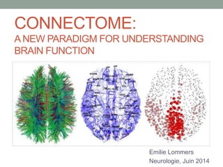 CONNECTOME:
A NEW PARADIGM FOR UNDERSTANDING
BRAIN FUNCTION
Emilie Lommers
Neurologie, Juin 2014
 