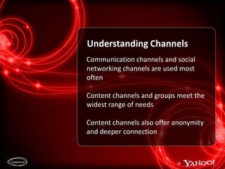 18Understanding Channels is ImperativeHow do the channels fulfill needs?How often is she using the channels?Who is she connecting with?What info is she sharing and receiving and where?