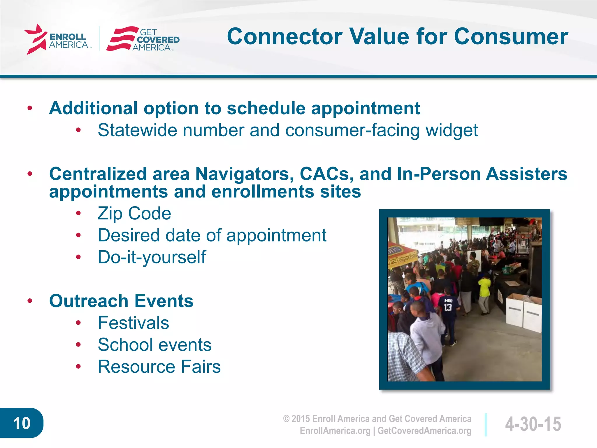 © 2015 Enroll America and Get Covered America
EnrollAmerica.org | GetCoveredAmerica.org 4-30-1510
Connector Value for Consumer
• Additional option to schedule appointment
• Statewide number and consumer-facing widget
• Centralized area Navigators, CACs, and In-Person Assisters
appointments and enrollments sites
• Zip Code
• Desired date of appointment
• Do-it-yourself
• Outreach Events
• Festivals
• School events
• Resource Fairs
 