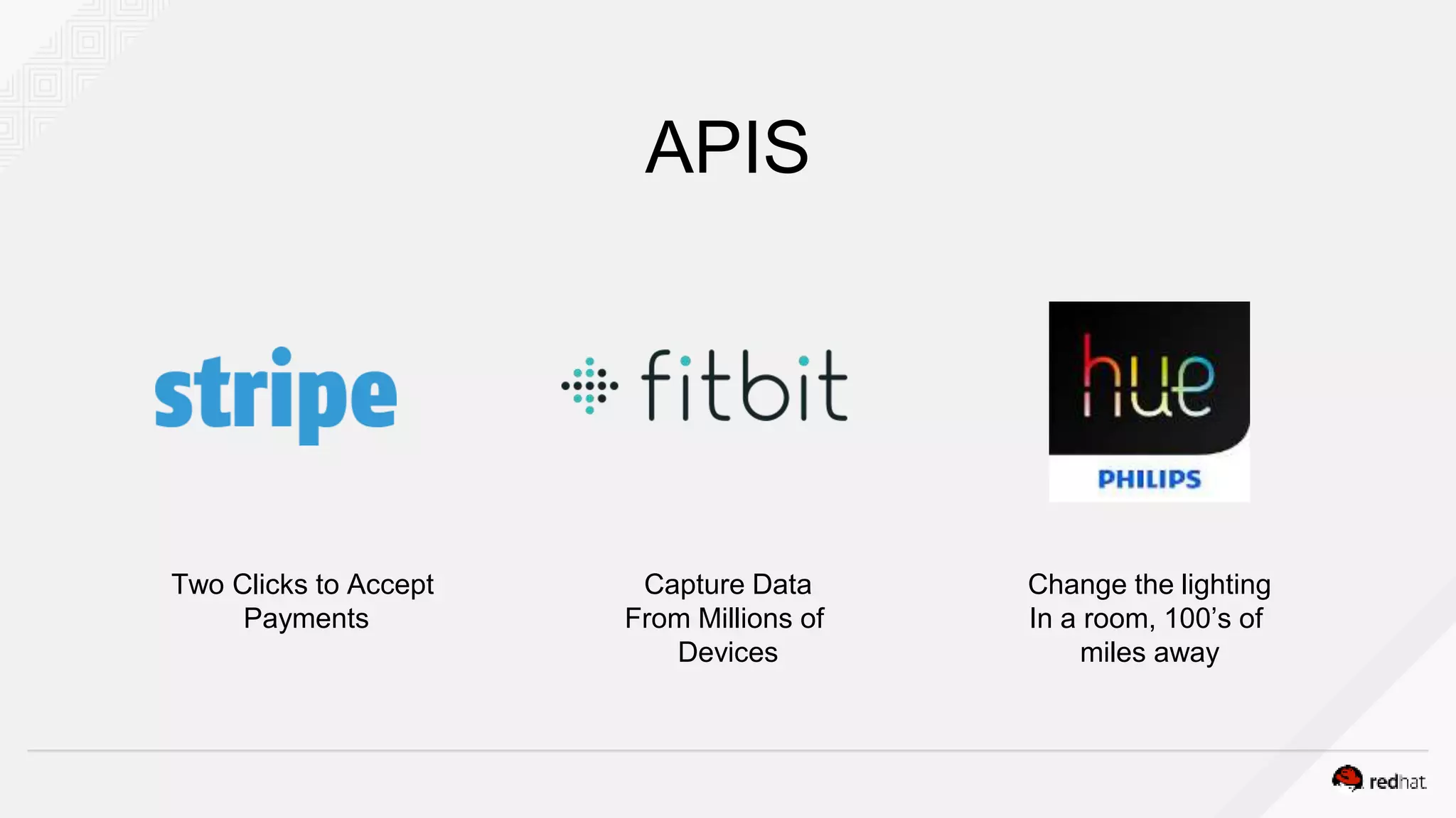 APIS
Two Clicks to Accept
Payments
Capture Data
From Millions of
Devices
Change the lighting
In a room, 100’s of
miles away
 