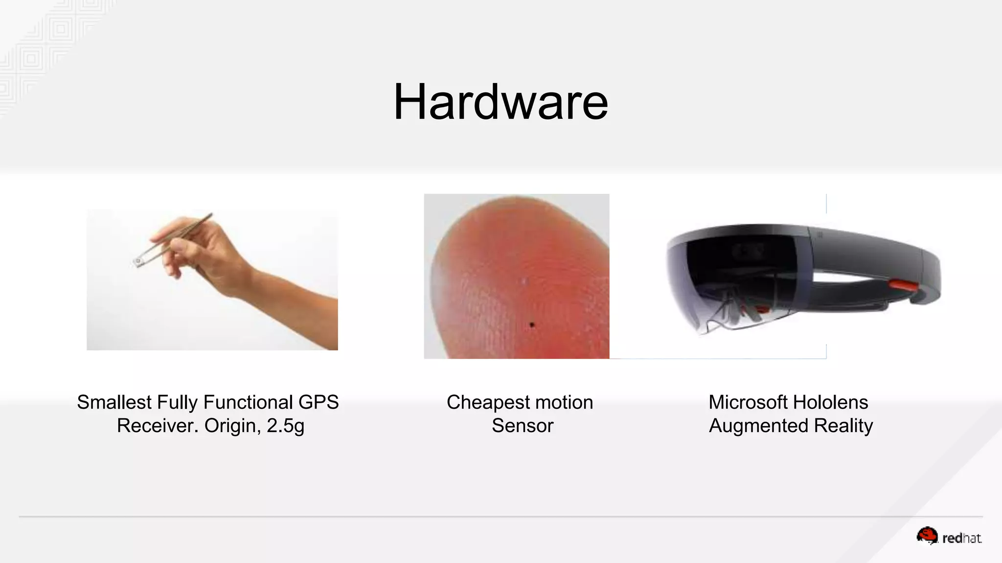 Hardware
Smallest Fully Functional GPS
Receiver. Origin, 2.5g
Cheapest motion
Sensor
Microsoft Hololens
Augmented Reality
 