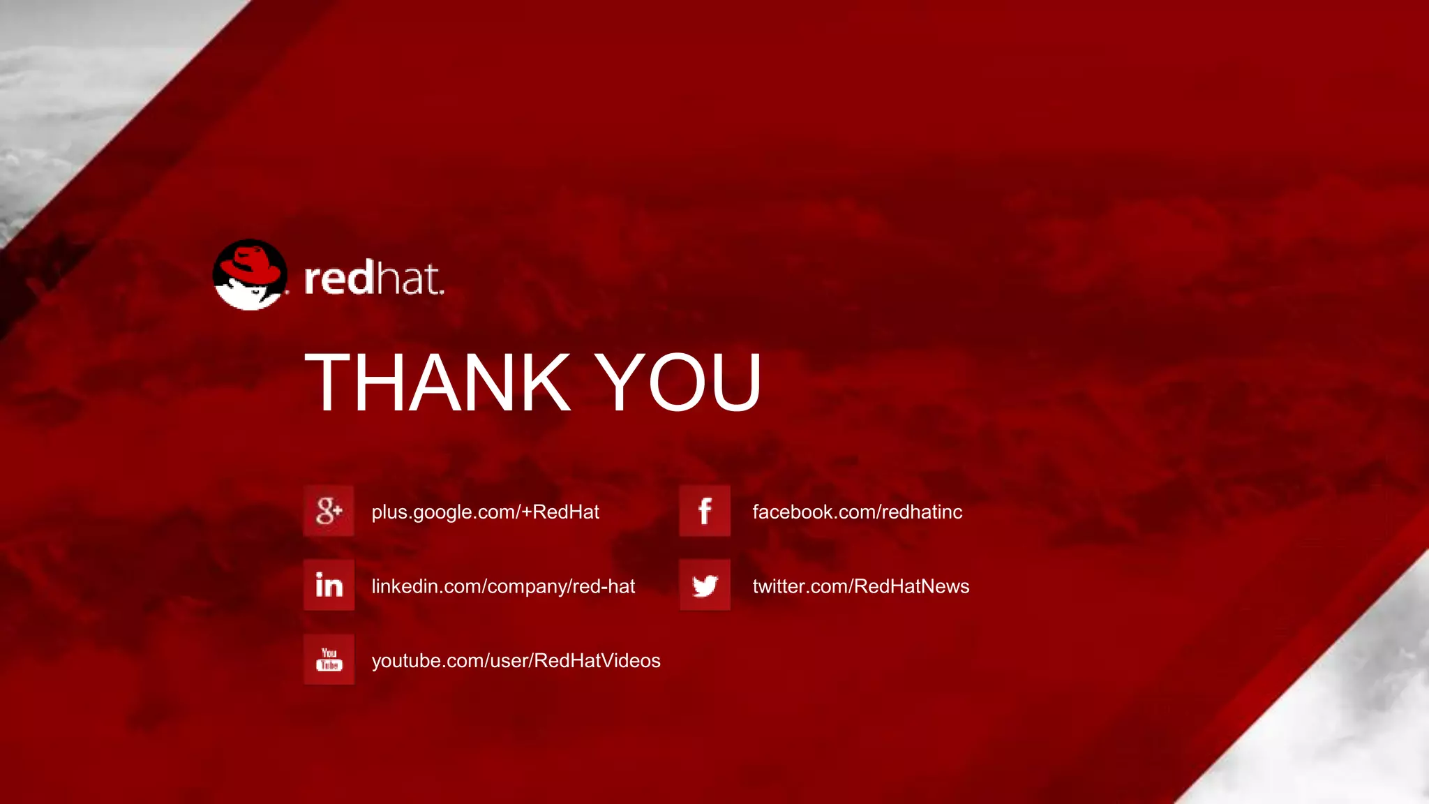 plus.google.com/+RedHat
linkedin.com/company/red-hat
youtube.com/user/RedHatVideos
facebook.com/redhatinc
twitter.com/RedHatNews
THANK YOU
 