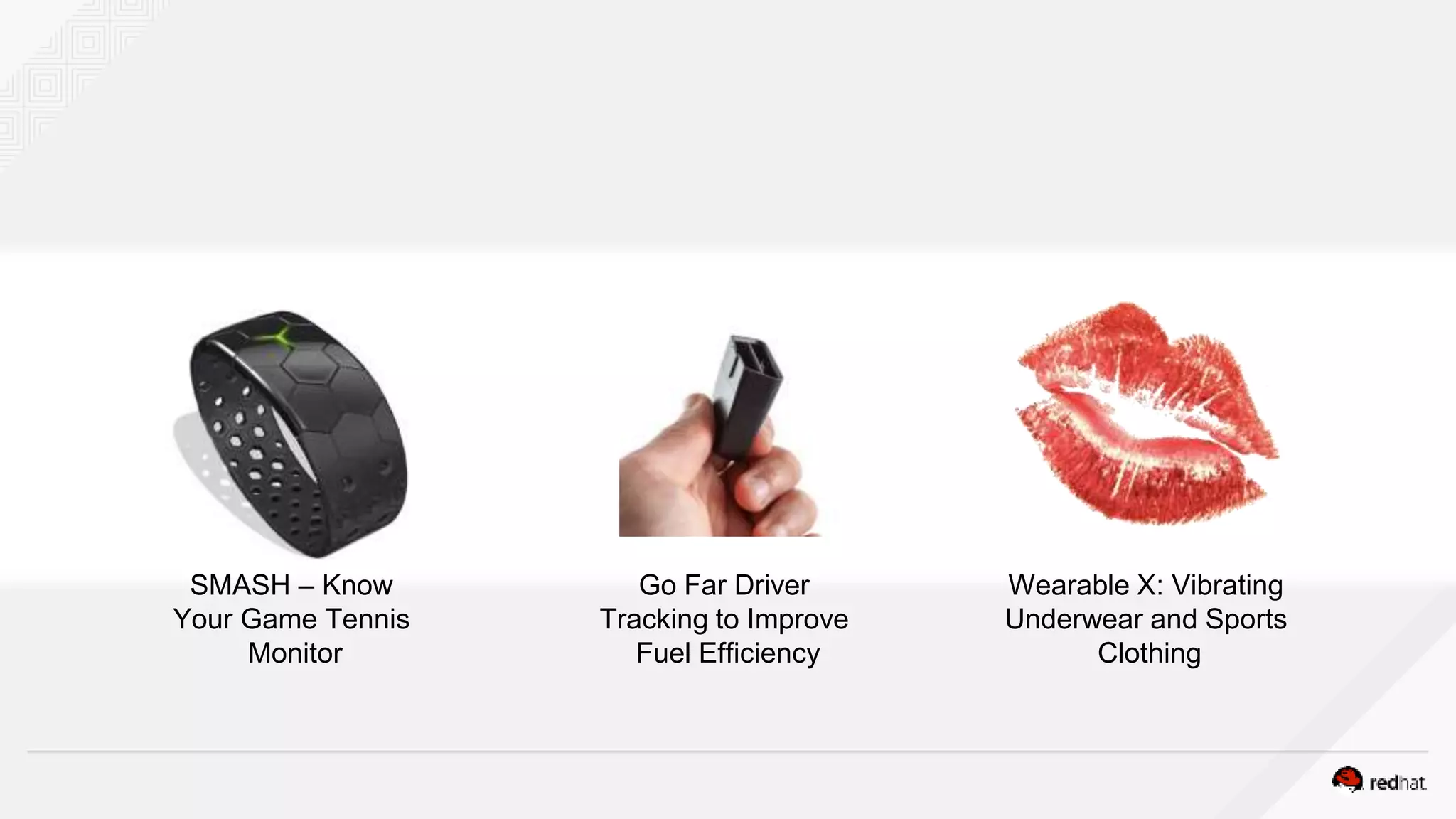 SMASH – Know
Your Game Tennis
Monitor
Go Far Driver
Tracking to Improve
Fuel Efficiency
Wearable X: Vibrating
Underwear and Sports
Clothing
 