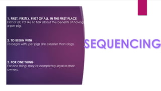 1. FIRST, FIRSTLY, FIRST OF ALL, IN THE FIRST PLACE
First of all, I’d like to talk about the benefits of having
a pet pig.
2. TO BEGIN WITH
To begin with, pet pigs are cleaner than dogs.
3. FOR ONE THING
For one thing, they’re completely loyal to their
owners.
 