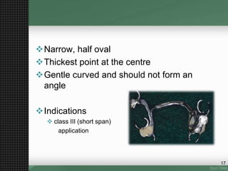 Narrow, half oval
Thickest point at the centre
Gentle curved and should not form an
angle
Indications
 class III (short span)
application
17
 