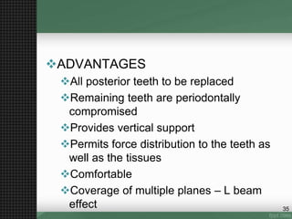 ADVANTAGES
All posterior teeth to be replaced
Remaining teeth are periodontally
compromised
Provides vertical support
Permits force distribution to the teeth as
well as the tissues
Comfortable
Coverage of multiple planes – L beam
effect 35
 