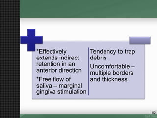 *Effectively
extends indirect
retention in an
anterior direction
*Free flow of
saliva – marginal
gingiva stimulation
Tendency to trap
debris
Uncomfortable –
multiple borders
and thickness
52
 