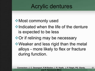 Acrylic dentures
Most commonly used
Indicated when the life of the denture
is expected to be less
Or if relining may be necessary
Weaker and less rigid than the metal
alloys - more likely to flex or fracture
during function.
61Connectors -J. C. Davenport, R.M.Basker, J. R. Heath, J. P. Ralph, PO. Glantz,
and P. Hammond (BDJ)
 