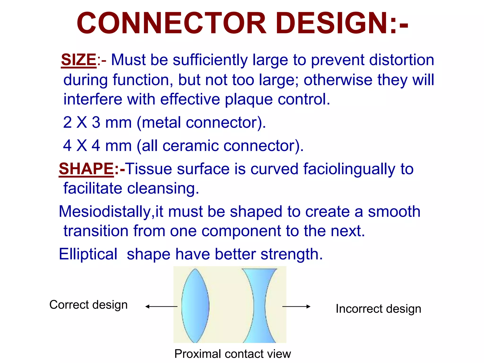 CONNECTOR DESIGN:-
SIZE:- Must be sufficiently large to prevent distortion
during function, but not too large; otherwise they will
interfere with effective plaque control.
2 X 3 mm (metal connector).
4 X 4 mm (all ceramic connector).
SHAPE:-Tissue surface is curved faciolingually to
facilitate cleansing.
Mesiodistally,it must be shaped to create a smooth
transition from one component to the next.
Elliptical shape have better strength.
Incorrect design
Correct design
Proximal contact view
 