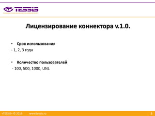 8
Лицензирование коннектора v.1.0.
«TESSIS» © 2016 www.tessis.ru
• Срок использования
- 1, 2, 3 года
• Количество пользователей
- 100, 500, 1000, UNL
 