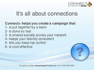It's all about connections
Connect+ helps you create a campaign that
1- is put together by a team
2- is done so fast
3- is shared socially across your network
4- keeps your identity consistent
5- lets you keep top control
6- is cost effective




        To inquire, contact sales@graphicmail.com, call 1-800-590-0028
 