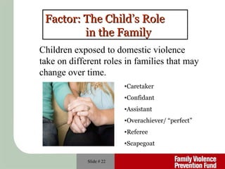 Slide #  Factor: The Child’s Role  in the Family Children exposed to domestic violence  take on different roles in families that may change over time.   Caretaker Confidant Assistant Overachiever/ “perfect” Referee Scapegoat 