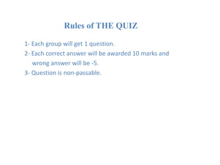 Rules of THE QUIZ
1- Each group will get 1 question.
2- Each correct answer will be awarded 10 marks and
wrong answer will be -5.
3- Question is non-passable.
 