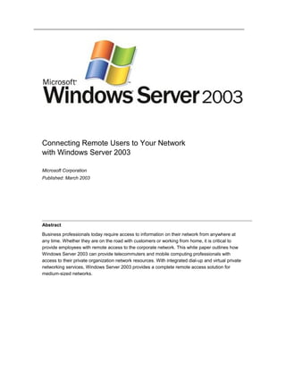 Connecting Remote Users to Your Network with Windows Server 2003 | DOC