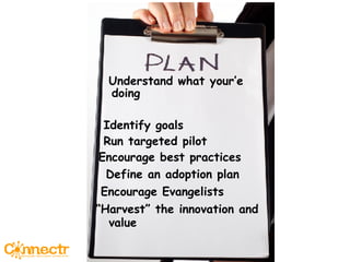 Understand what your’e doing Identify goals Run targeted pilot Encourage best practices Define an adoption plan Encourage Evangelists “ Harvest” the innovation and value  