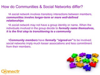 How do Communities & Social Networks differ? A social network involves transitory interactions between members,  communities involve longer-term or more well-defined relationships A social network may not have a group identity or name. When the individuals involved in the group decide to  formally name themselves, it is the first step to transitioning to a community Community members  have  formally “signed-on”  to be involved; social networks imply much looser associations and less commitment from their members. 