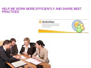 HELP ME WORK MORE EFFICIENTLY AND SHARE BEST PRACTICES 