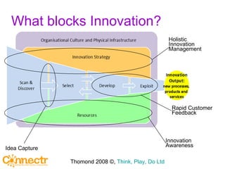 What blocks Innovation? Idea Capture Holistic Innovation Management Innovation Awareness Rapid Customer Feedback Thomond 2008 ©,  Think, Play, Do Ltd 