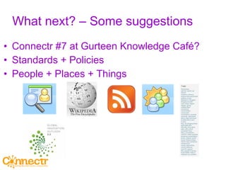 What next? – Some suggestions Connectr #7 at Gurteen Knowledge Café?  Standards + Policies People + Places + Things 