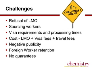 Challenges








Refusal of LMO
Sourcing workers
Visa requirements and processing times
Cost - LMO + Visa fees + travel fees
Negative publicity
Foreign Worker retention
No guarantees

 