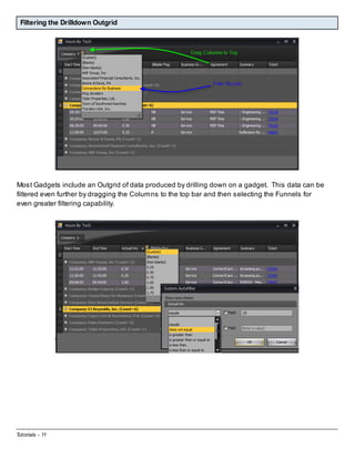 Filtering the Drilldown Outgrid

Most Gadgets include an Outgrid of data produced by drilling down on a gadget. This data can be
filtered even further by dragging the Columns to the top bar and then selecting the Funnels for
even greater filtering capability.

Tutorials - 11

 