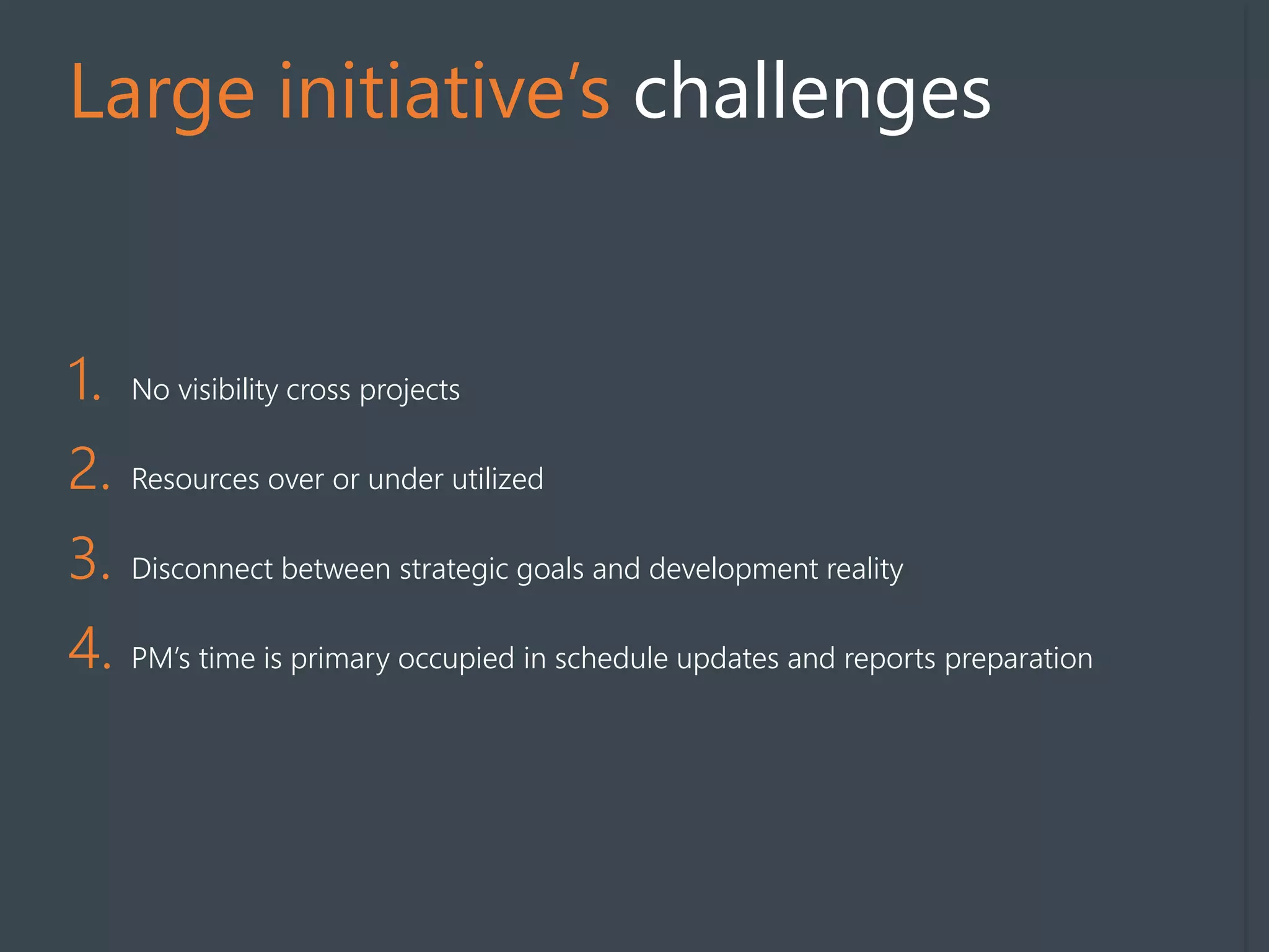 Large initiative’s challenges
1. No visibility cross projects
2. Resources over or under utilized
3. Disconnect between strategic goals and development reality
4. PM’s time is primary occupied in schedule updates and reports preparation
 